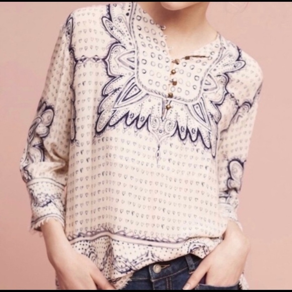 Anthropologie Cream Blouse with Navy Blue Print